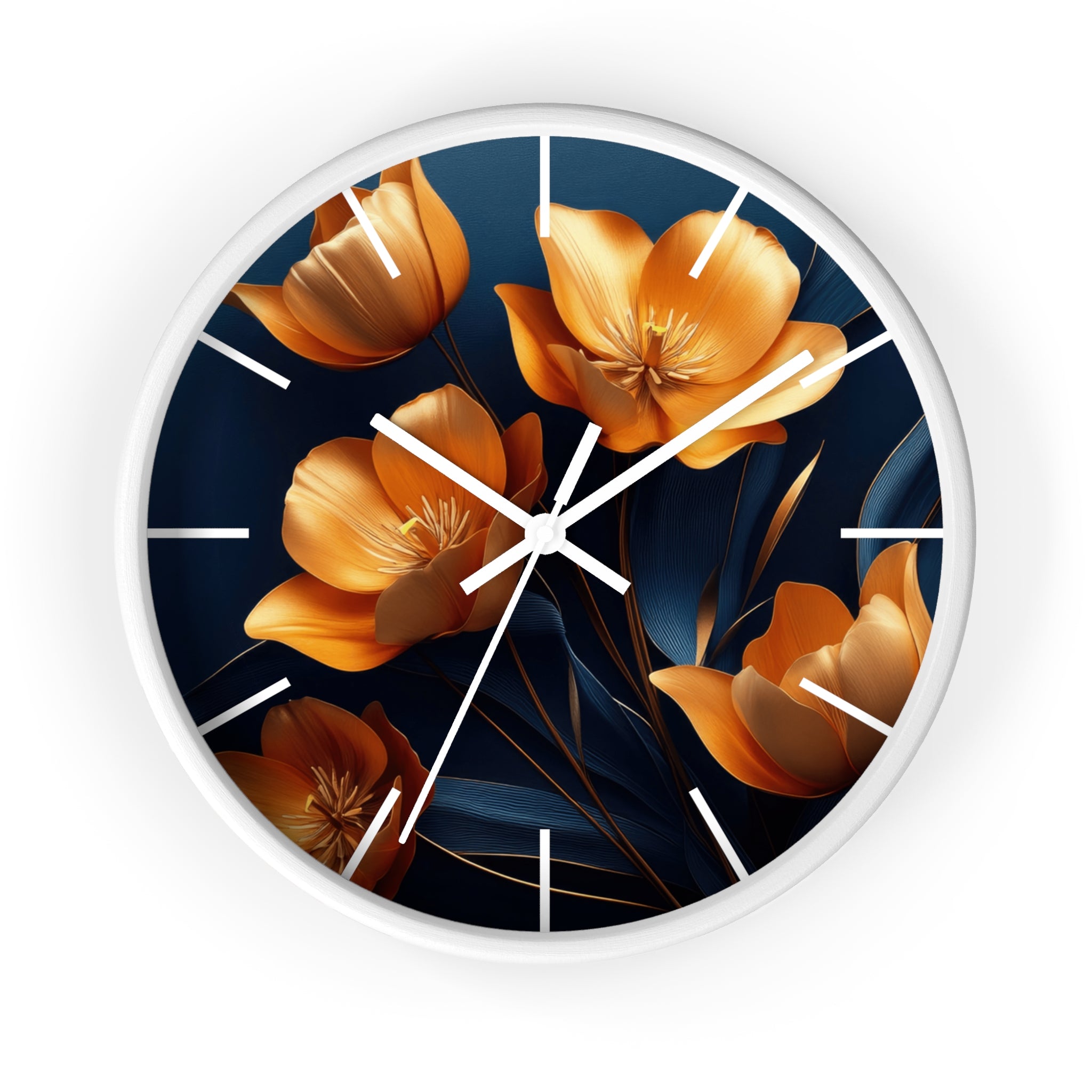 Golden Tulip Wall Clock – Elegant Floral Decor with Midnight Blue Backdrop
