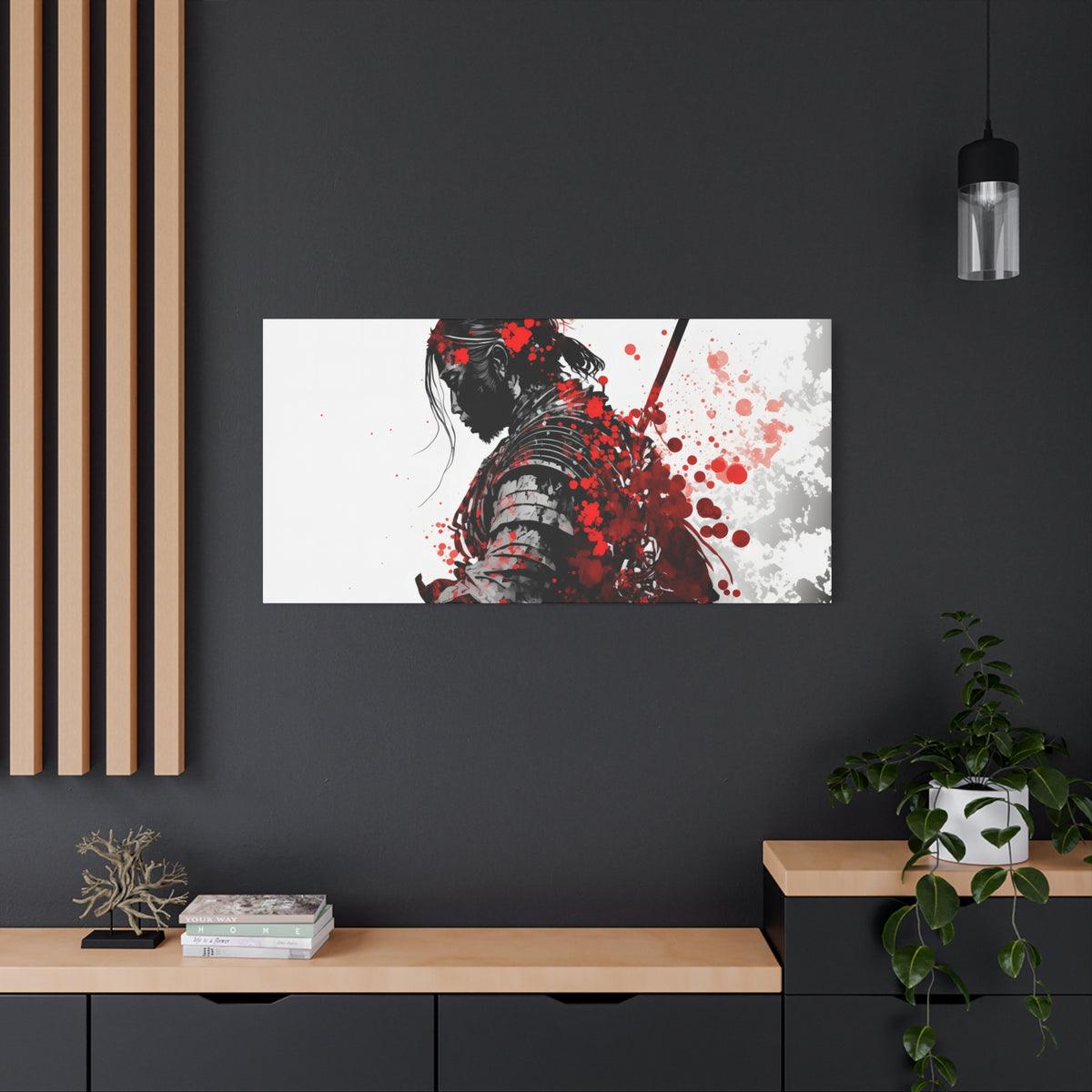 Samurai Warrior Ink Art – Red and Black Japanese Brush Style Canvas Print for Bold, Minimalist Spaces