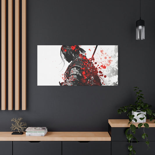 Samurai Warrior Ink Art – Red and Black Japanese Brush Style Canvas Print for Bold, Minimalist Spaces