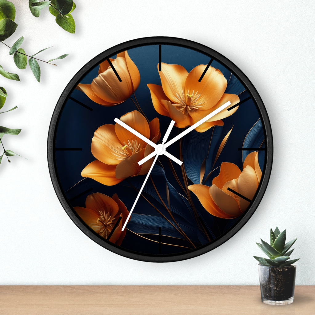 Golden Tulip Wall Clock – Elegant Floral Decor with Midnight Blue Backdrop