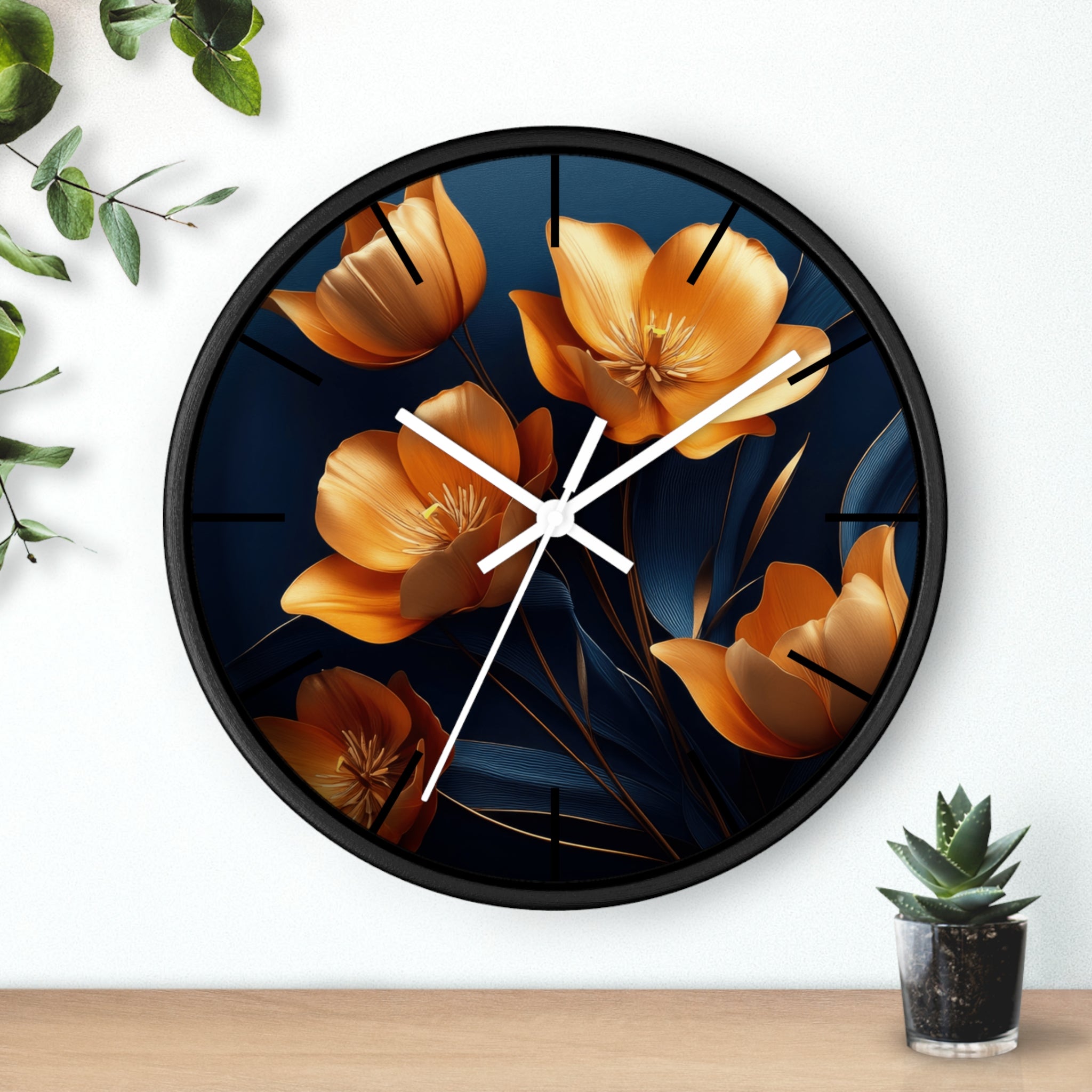 Golden Tulip Wall Clock – Elegant Floral Decor with Midnight Blue Backdrop
