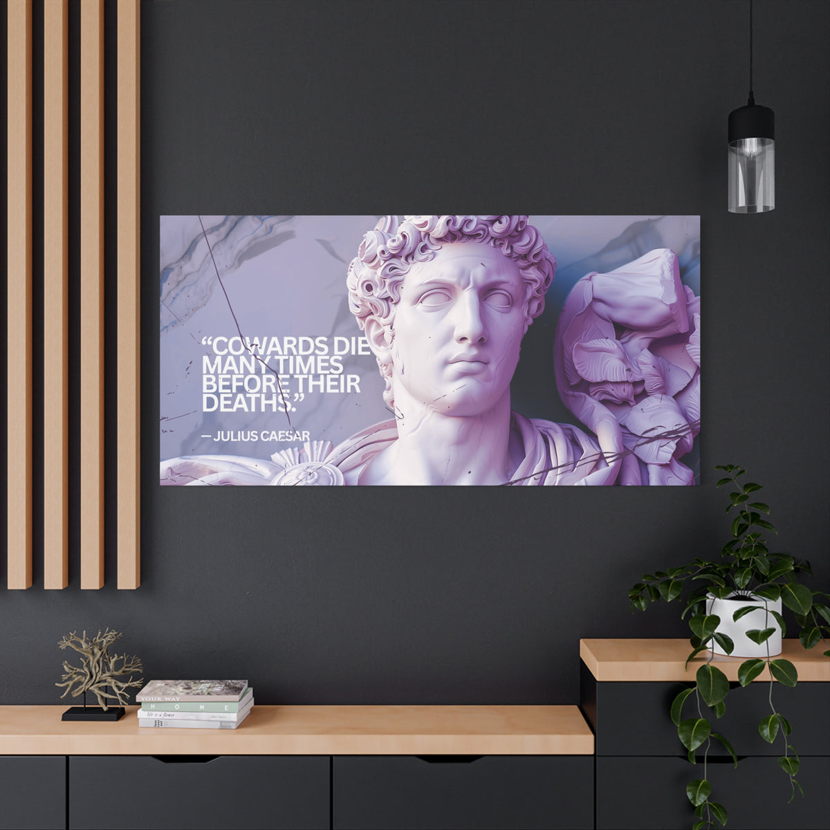 “Cowards Die Many Times” Julius Caesar Quote Wall Art – Lavender Roman Bust Canvas for Bold and Thoughtful Spaces