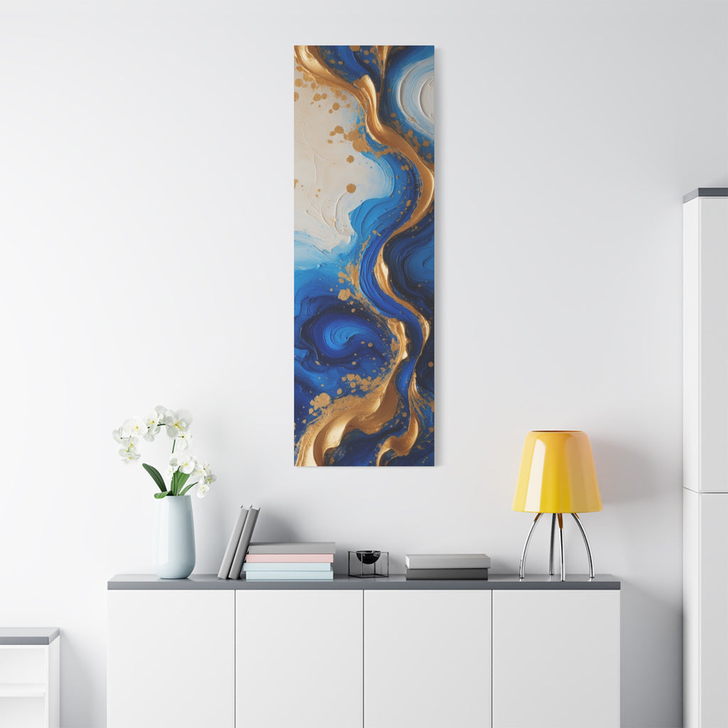 Blue and Gold Abstract Fluid Wall Art – Luxury Canvas Print with Textured Paint Swirls for Modern Home Décor