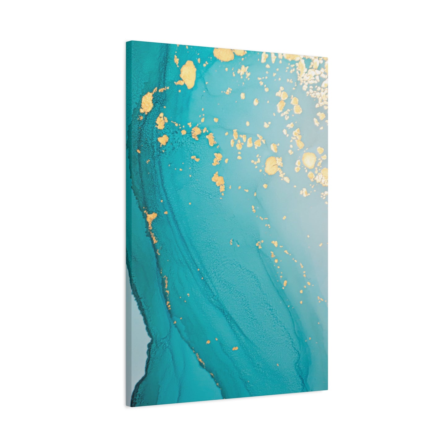 Turquoise & Gold Abstract Wall Art – Fluid Ink Canvas Print with Pink Accents for Modern Interior Décor